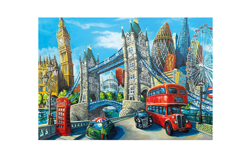 London wooden jigsaw puzzles featuring iconic landmarks and classic red buses in vibrant colors