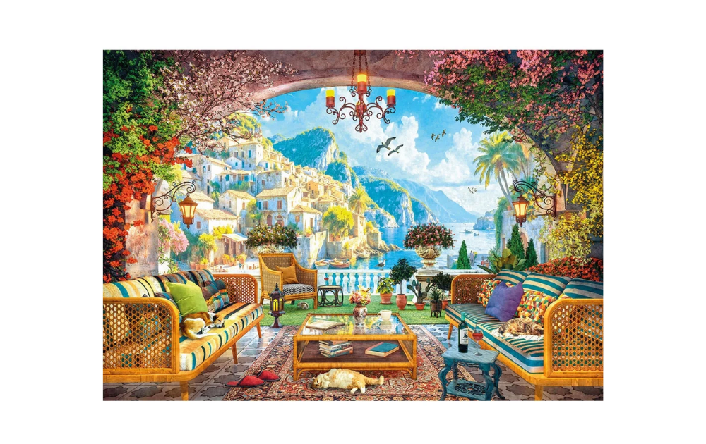 Mediterranean Terrace View 40 Piece Wentworth Wooden Jigsaw Puzzle featuring a vibrant seaside scene