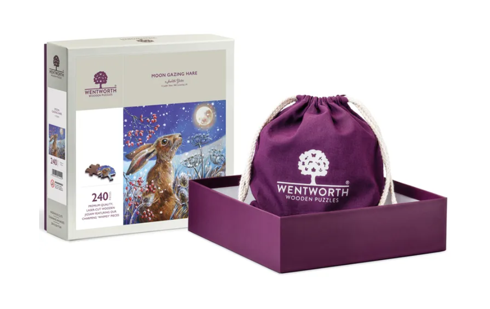 Wentworth Moon Gazing Hare 500 Piece Wooden Jigsaw Puzzle with a beautiful illustration of a hare under the moon