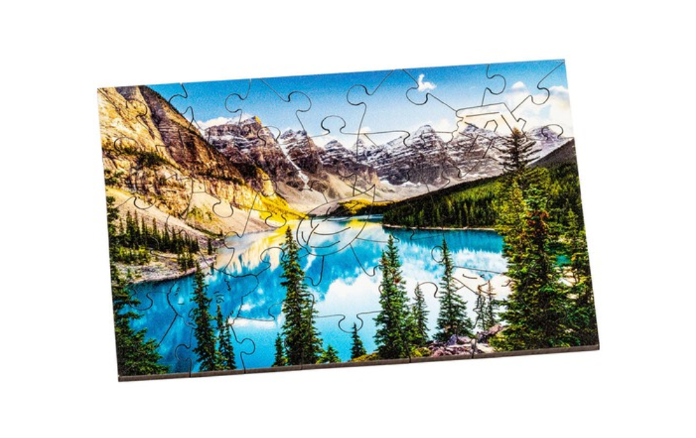 Moraine Lake mini puzzle by Wentworth featuring a stunning landscape of trees and mountains reflecting on water