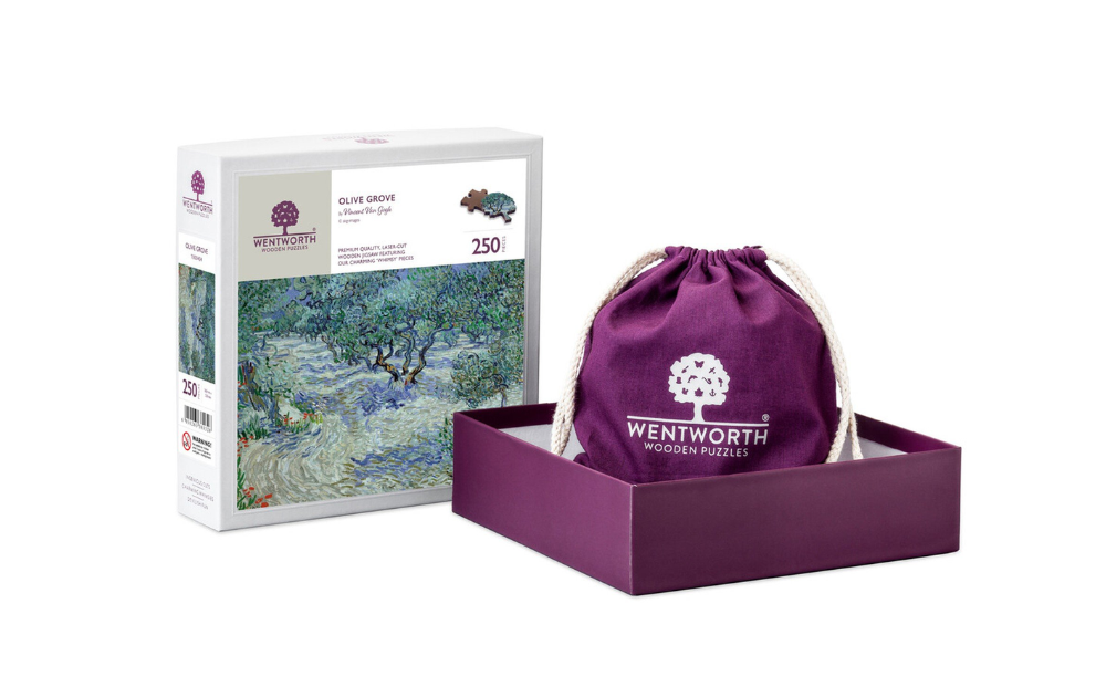 Olive Grove 250 piece puzzle by Wentworth in a box with a drawstring bag and vibrant artwork
