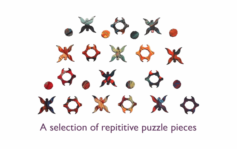 Colorful assortment of Wentworth puzzle pieces for the ornamental floral fox puzzle