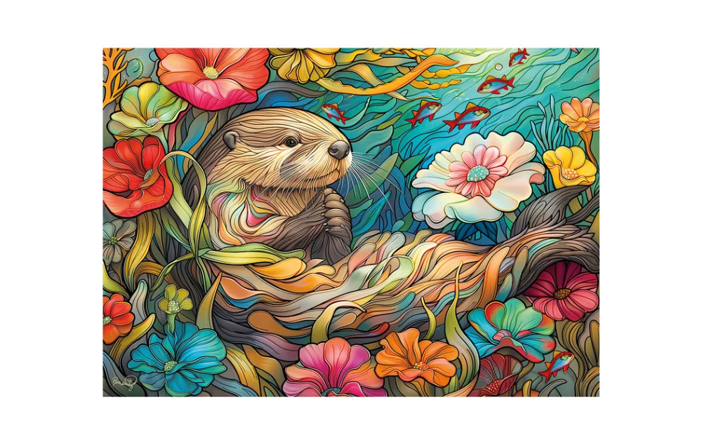 Wentworth Otter Oasis Extra Difficult 250 Piece Wooden Jigsaw Puzzle featuring a colourful otter surrounded by flowers