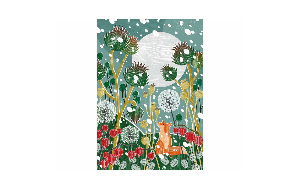 Out in the Moonlight puzzle by Wentworth featuring a fox among flowers and snowflakes in a whimsical design