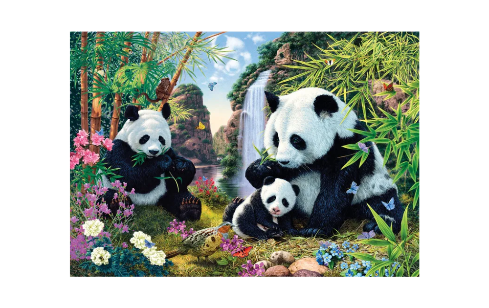 Wentworth Panda jigsaw puzzle featuring a family of pandas in a lush garden with a waterfall background