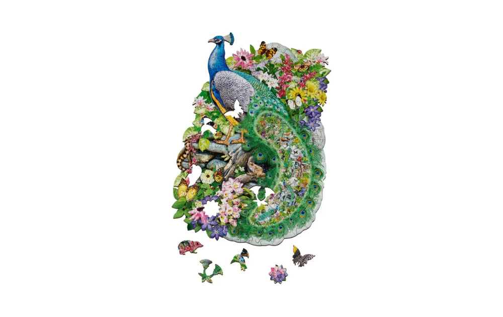 Peacock of India shaped puzzle featuring colorful flowers and butterflies in a unique design by Wentworth