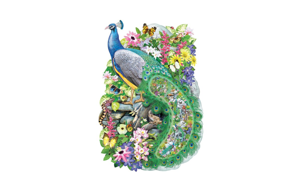 Peacock of India shaped puzzle featuring vibrant flowers and detailed peacock design by Wentworth.