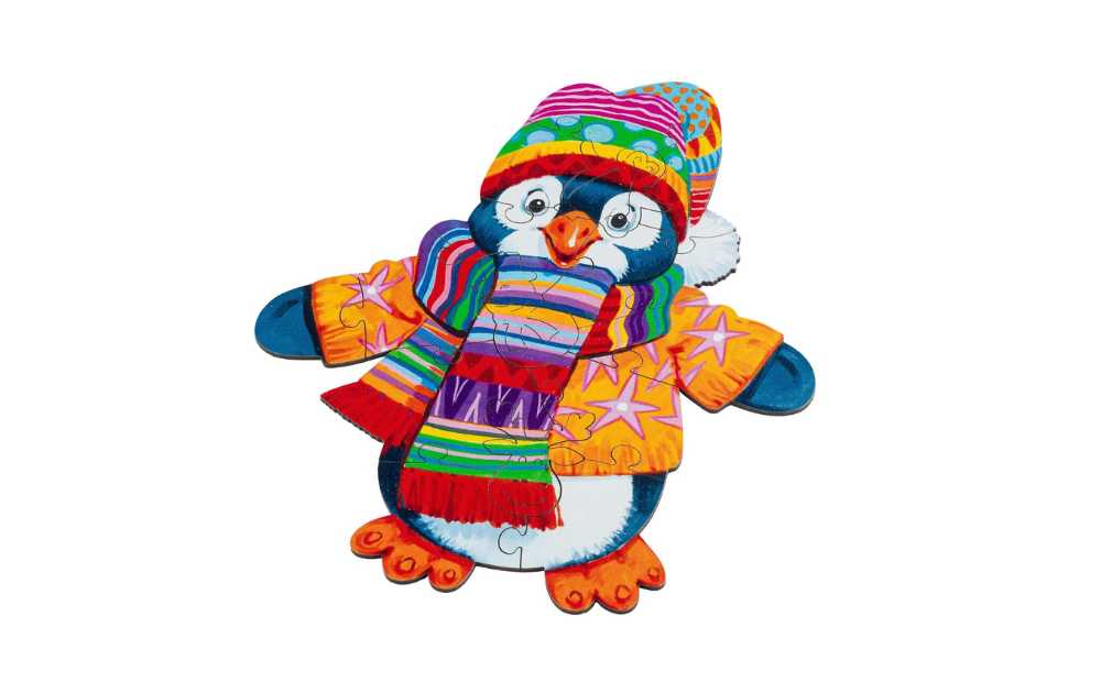 Perry the Penguin wooden puzzle featuring a colorful dressed penguin in a winter scarf and hat