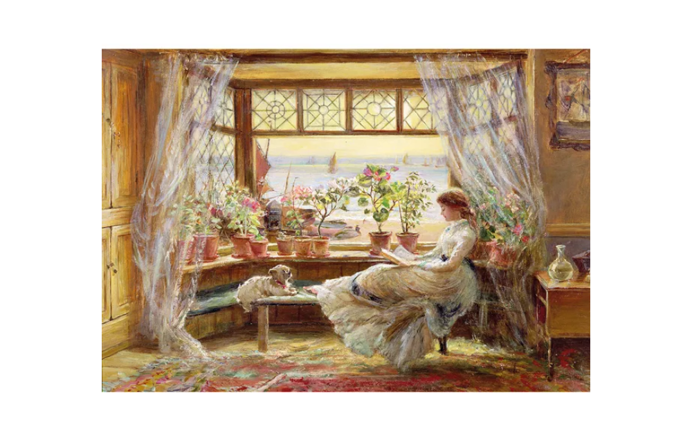 Wentworth Reading by the Window puzzle showing a woman reading near a sunlit window with potted plants and a dog