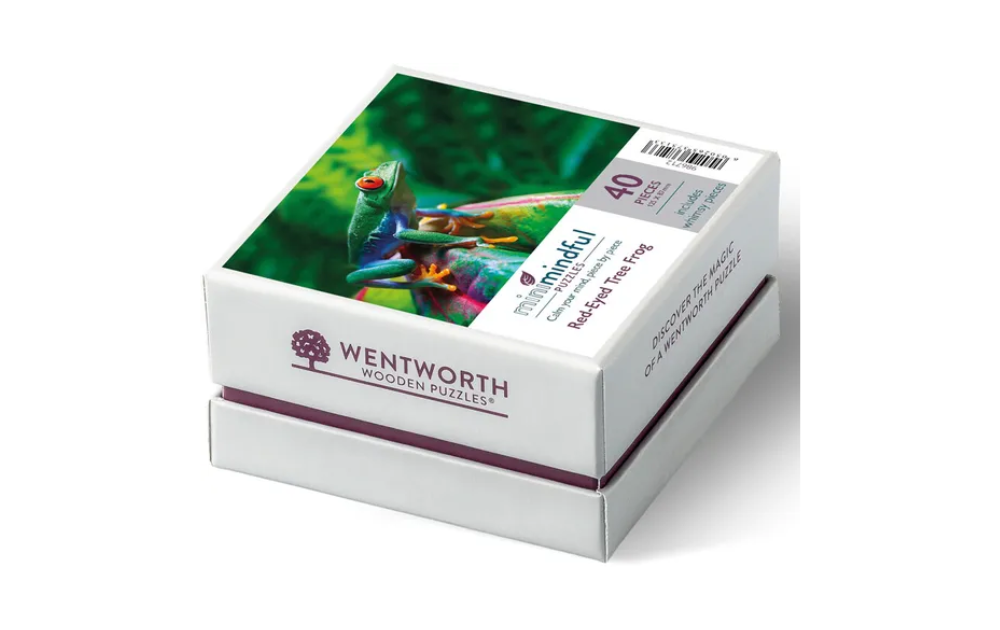 Wentworth Red-Eyed Tree Frog puzzle box showing 40-piece wooden jigsaw with vibrant frog image
