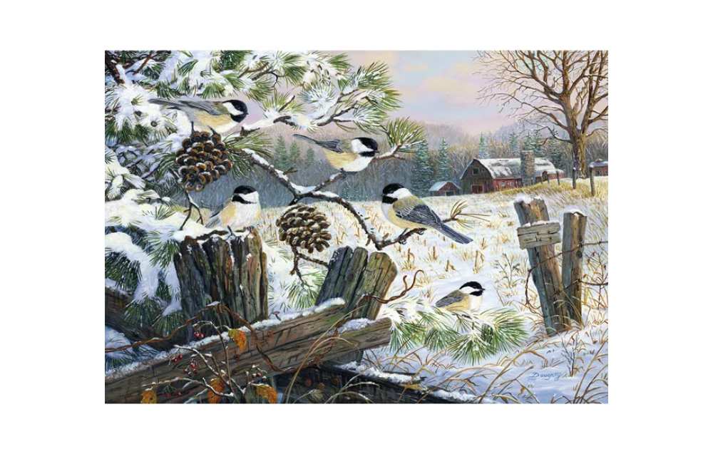 Safe Haven winter puzzle Wentworth featuring chickadees on a snowy pine branch with a tranquil farm scene