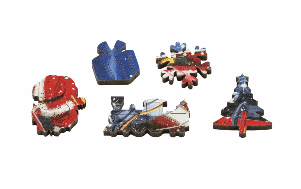 Wentworth Santa Express jigsaw puzzle pieces featuring festive gifts and holiday designs