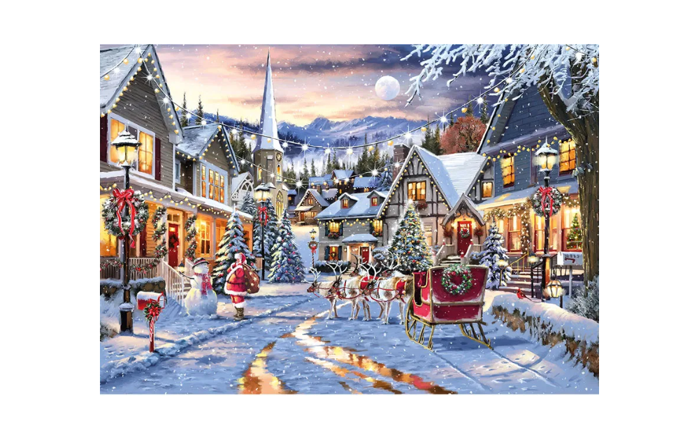 Wentworth Santa's Last Delivery 40 Piece Wooden Jigsaw Puzzle featuring a festive snowy village scene