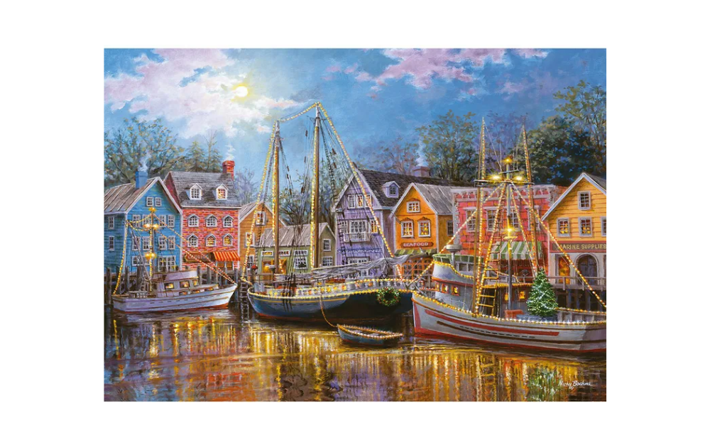 Wentworth Ships Aglow puzzle featuring illuminated boats docked at a colourful harbour village at dusk