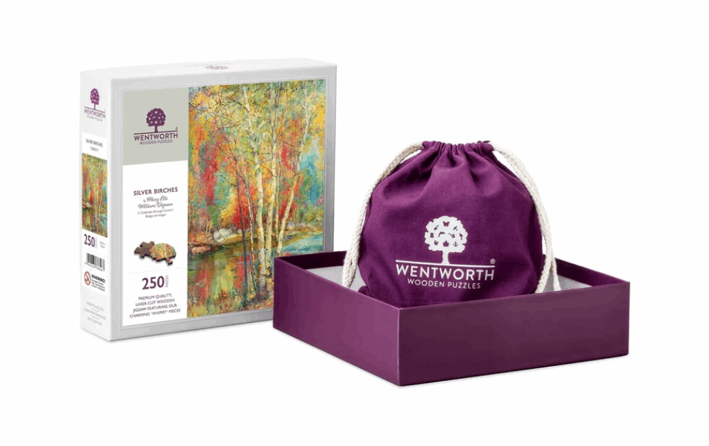 Wentworth Silver Birches Puzzle with 250 pieces and a purple drawstring bag