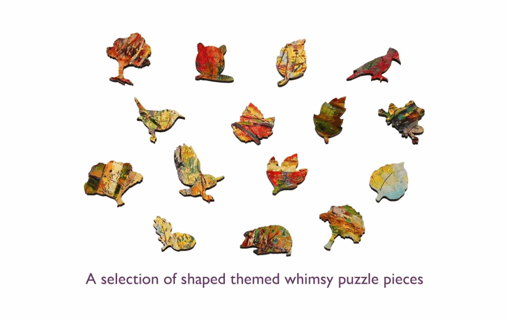 Detail of Wentworth Silver Birches Puzzle showing themed whimsy pieces in various shapes and colors