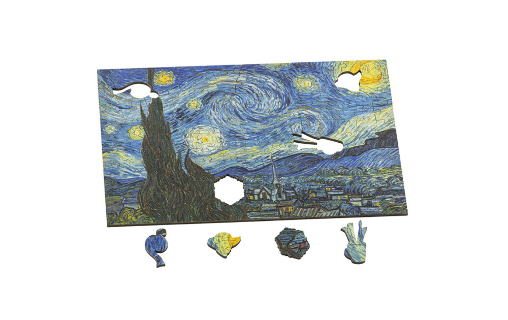 Starry Night wooden jigsaw puzzle by Wentworth with 40 unique pieces featuring vibrant colors