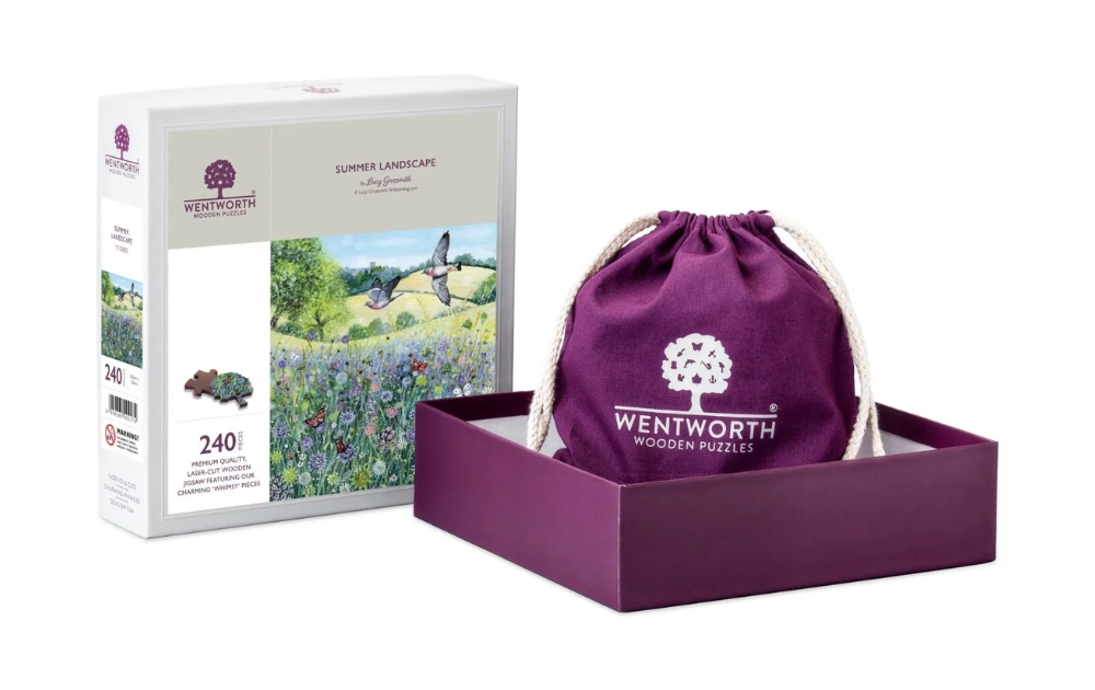 Wentworth summer landscape puzzle 240-piece jigsaw with floral meadow and flying birds in white box and purple storage bag