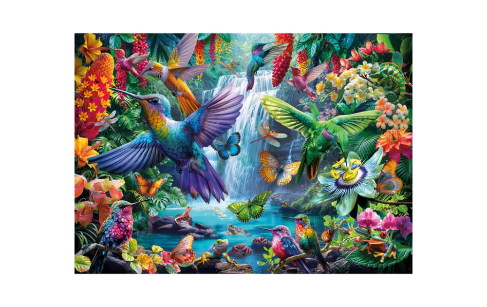 Wentworth Tropical Hummingbirds 140 Piece Wooden Jigsaw Puzzle featuring vibrant birds and lush flowers near a waterfall