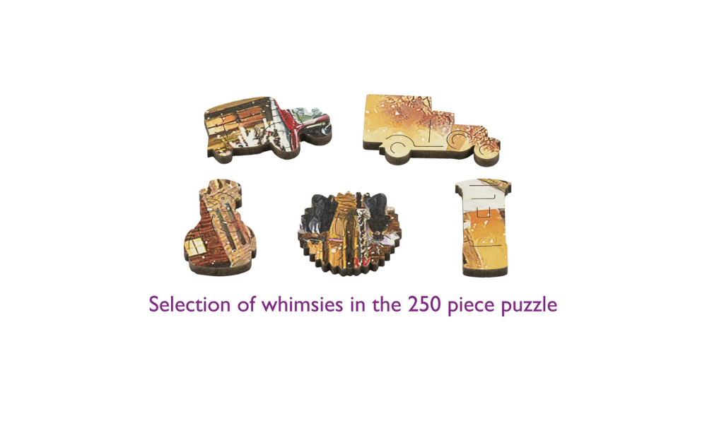 Wooden jigsaw pieces from A Vintage Christmas 250 piece puzzle by Wentworth, showcasing unique whimsy shapes