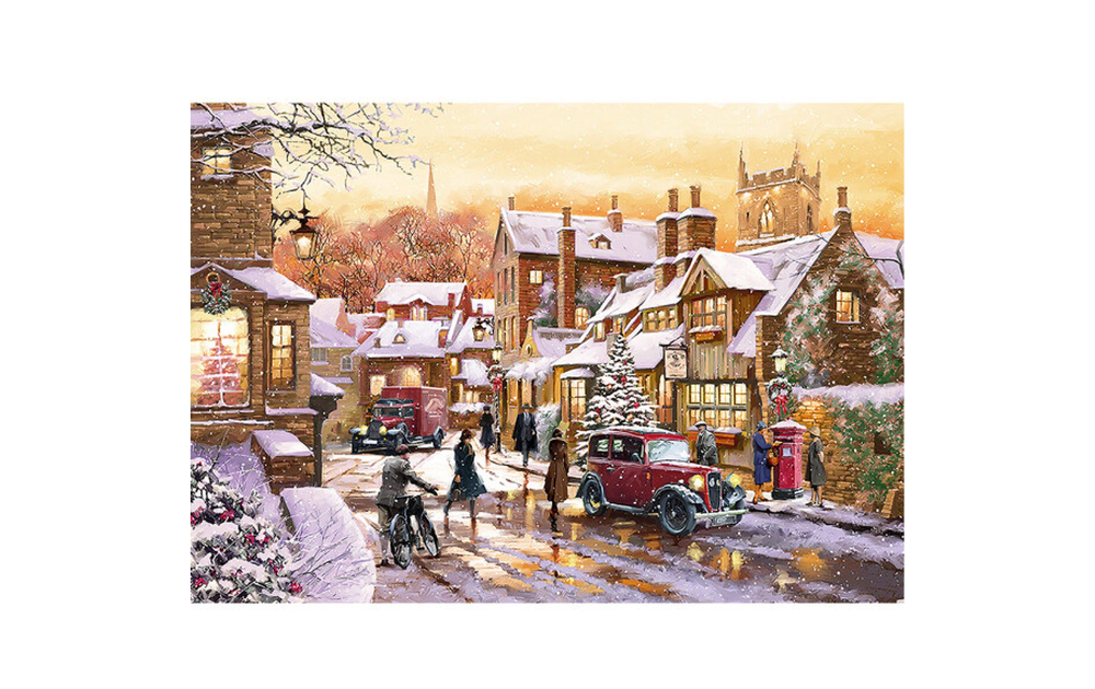 Vintage Christmas jigsaw puzzle featuring a snowy village scene with classic cars and festive decorations