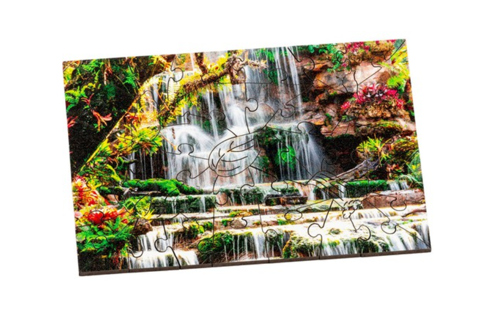 Waterfall mini jigsaw puzzle by Wentworth, featuring vibrant waterfall scene with 40 interlocking pieces