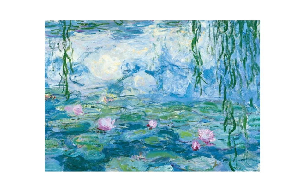 Wentworth Waterlillies jigsaw featuring an impressionist water lily pond with blue water and pink flowers