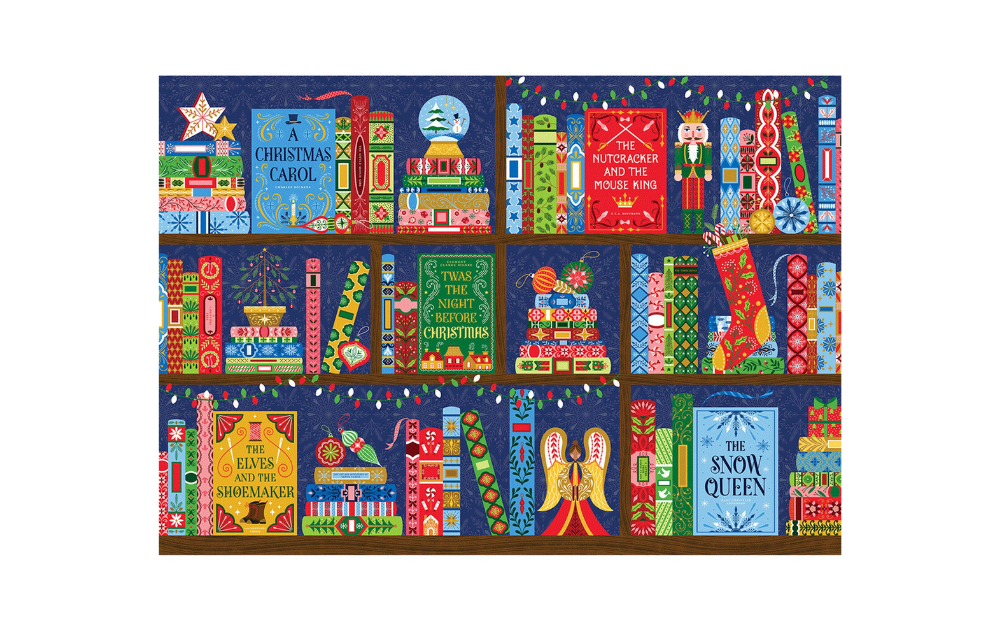 Wentworth wooden puzzles Christmas stories 250 piece puzzle featuring a colorful bookcase of festive tales