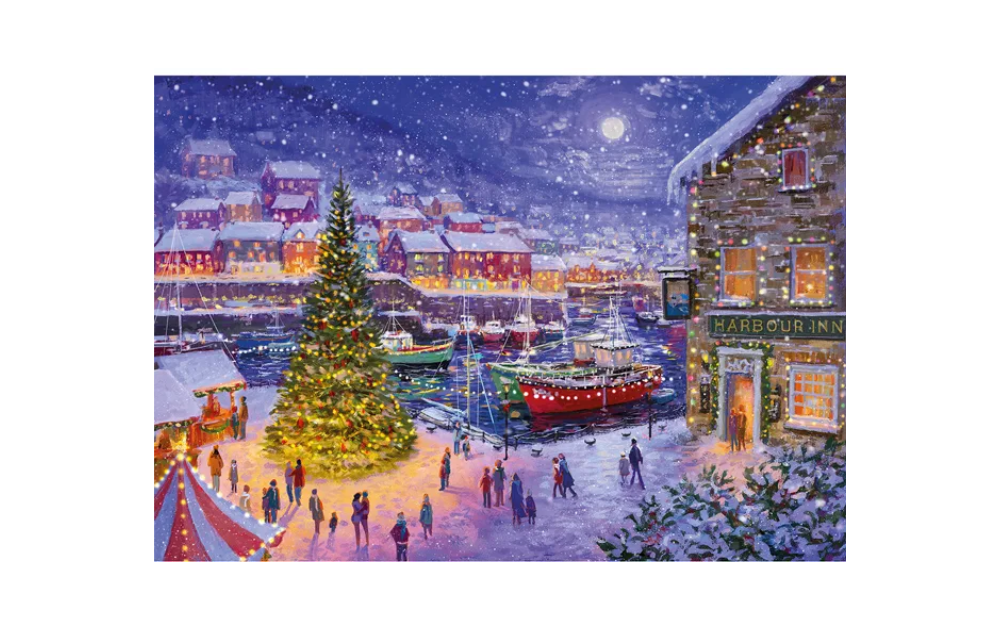 Wentworth Winter Harbour 250 piece jigsaw puzzle featuring a snowy festive scene with a harbour and a Christmas tree