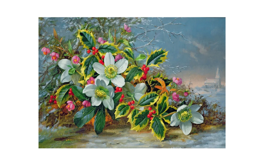 Winter Roses in a Landscape 500 Piece Wentworth Wooden Jigsaw Puzzle featuring a floral scene with white roses and greenery