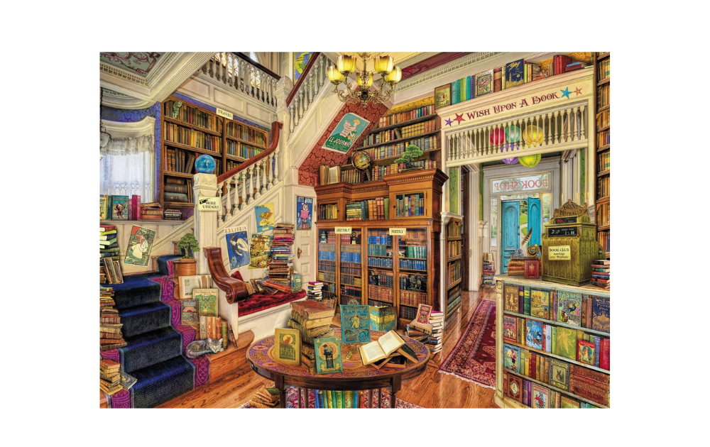 Wish Upon a Bookshop 40 piece puzzle featuring a cozy bookstore interior with bookshelves and a staircase