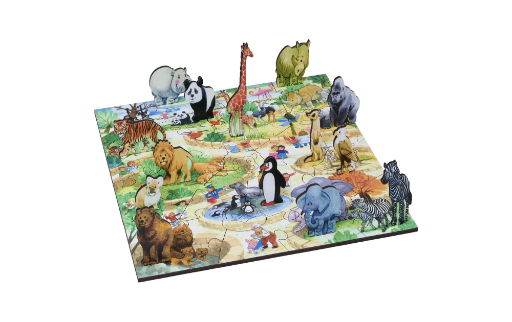 Wooden animal jigsaw puzzle 28 pieces featuring vibrant animal park design and 14 stand-up characters