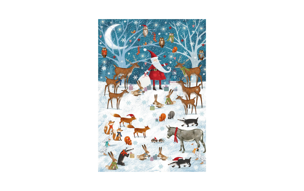 Wooden jigsaw puzzles for Christmas featuring a festive woodland scene with animals and Santa Claus