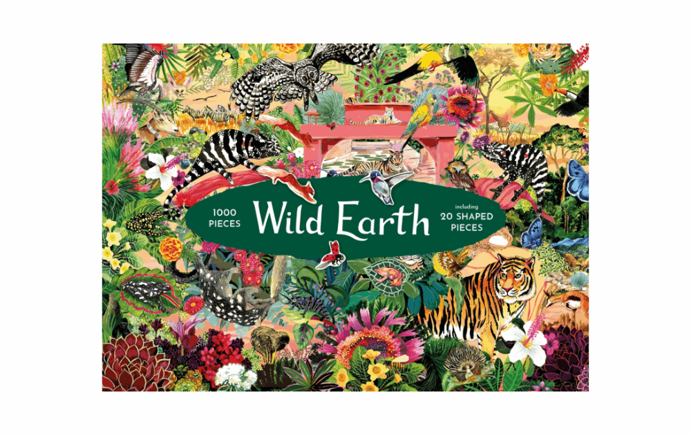 Wild Earth jigsaw puzzle featuring vibrant floral and animal illustrations with 1000 pieces, including 20 shaped pieces