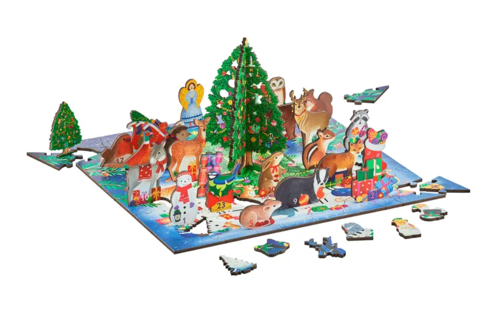 Wentworth wooden advent calendar jigsaw puzzle featuring festive animals and a Christmas tree