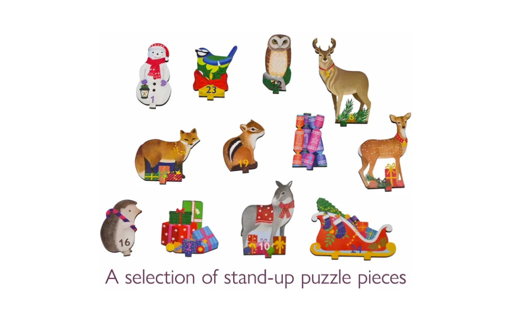 Assorted stand-up pieces from a wooden advent calendar jigsaw puzzle featuring festive animals and gifts