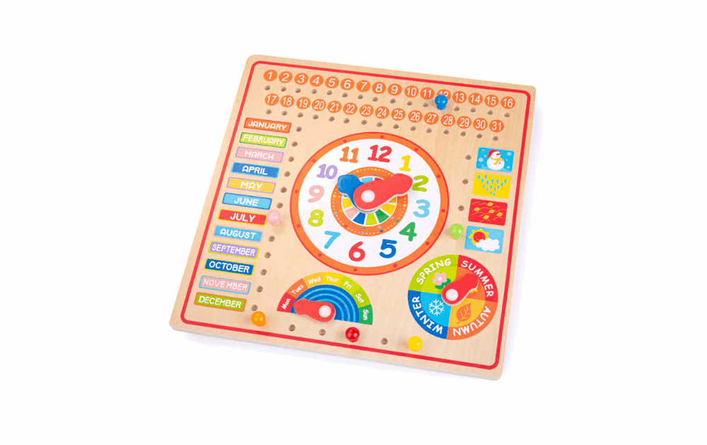 Bigjigs Wooden Calendar Clock with Colorful Illustrations for Learning Days, Months, and Time