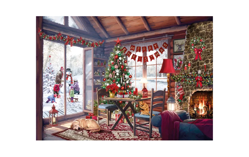 Wentworth wooden Christmas jigsaw puzzle featuring a festive living room with decorations and a snow view