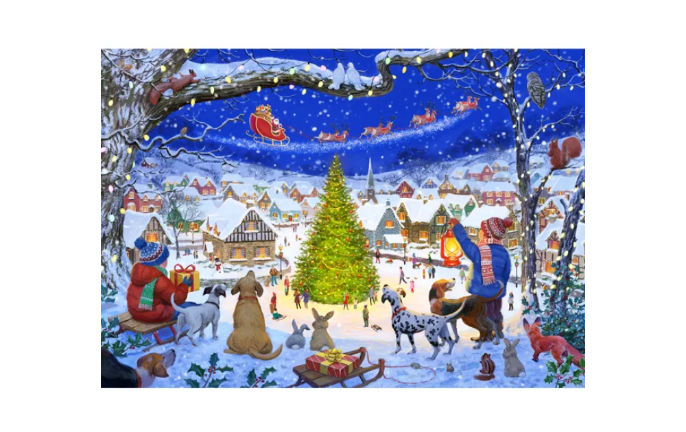 Wentworth wooden Christmas jigsaw puzzle depicting a snowy village scene with festive decorations