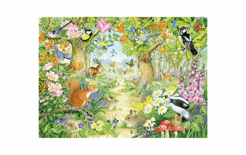 Wentworth Woodland Forest Puzzle featuring vibrant wildlife and blooming flowers in a scenic forest setting