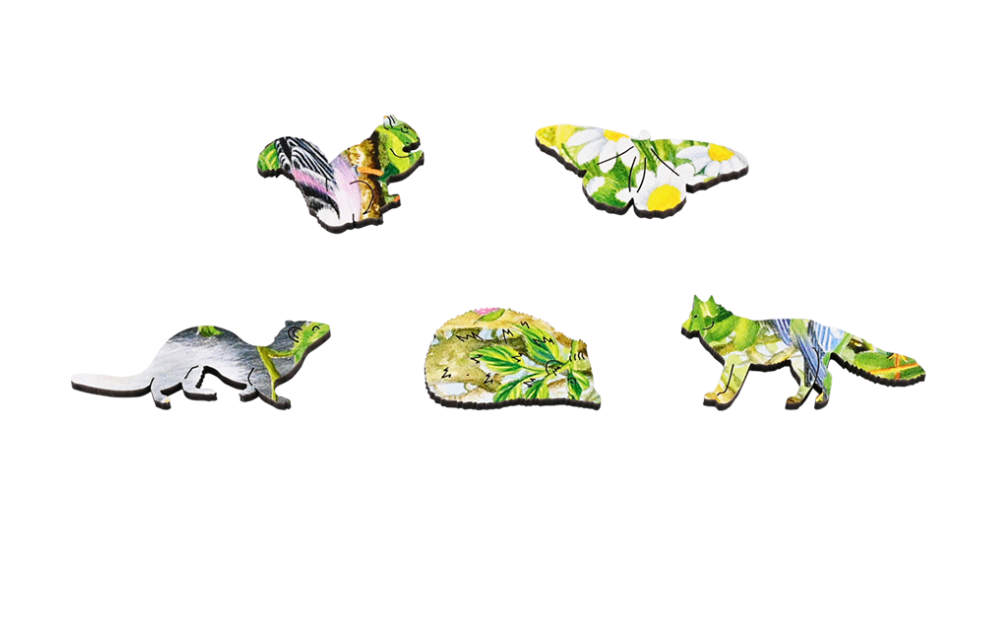 Detail of Wentworth woodland forest puzzle pieces featuring vibrant wildlife designs