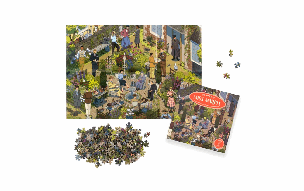 World of Miss Marple puzzle featuring a colorful garden scene with people socializing