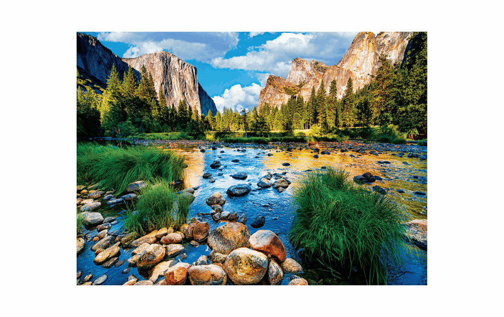 Eurographics Yosemite National Park puzzle featuring stunning scenery with rocky river and lush greenery